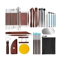 Clay sculpting tool set with wooden handles, metal tips and blue plastic grips - 43-piece Set Of Mahogany Clay Tools/a5 Bag