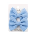 Set of two light blue textured bubble fabric bow hair clips on white card holder - Light Blue