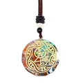 Detail of multi-color chakra crystal resin pendant with golden symbol on brown cord - Seven Chakras Golden Symbol Style (3-10)