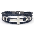 Bracciale multistrato vintage in pelle nera da uomo con ciondolo a croce in metallo - Nero