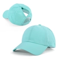 Detail view of light blue mesh ponytail baseball cap with breathable laser-cut holes - Adjustable / Mint Green
