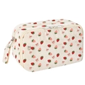 Vue détaillée trousse en velours côtelé avec fraises roses et poignée latérale pratique - Fraise