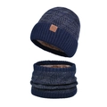 Navy blue winter knitted beanie and neck warmer set with thick fleece lining and sports patch - 2-Piece Set - Navy Blue
