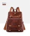 Mochila vintage de cuero PU suave marrón con gran capacidad y cremalleras metálicas doradas - Marrón