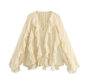 Detail of light yellow layered ruffle long sleeve shirt with V-neckline and front buttons - XS / Beige