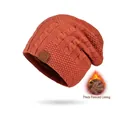 Brick red knitted beanie with thick fleece lining and decorative leather sport label - Brick Red