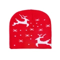 Detailed view of red knitted Christmas beanie with white reindeer and snowflake patterns - M (56-58cm) / Reindeer Snowflake Red Style (K)