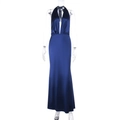 Front view of a deep blue satin evening dress featuring a halter neck and deep V-neck design - XS / Navy Blue