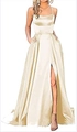 Elegant champagne gold satin evening dress with spaghetti straps and high side slit - US size 12 (L) / Top And Bottom / Light Champagne