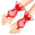 Guanti senza dita in pizzo rosso con motivi a rete, fiocchi e strass lucidi - Taglia unica / Rosso