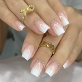 Rosa-weiße Ombré-Kunstnägel mit Strasssteinen in quadratischer Form für Damen - Kleber-Stil (D-107)