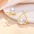 Elegant gold pearl earrings with teardrop zircon crystals for a luxurious sweet style - Gold Teardrop Pearl Stud Earrings (C141)