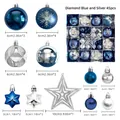 Set da 45 palline di Natale blu diamante e argento con motivi di fiocchi e renne - Blu Diamante e Argento 45 Pezzi