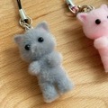 Cute gray flocked kitten charm with pink ears and silver keychain on wood background - Phone Strap / Gray