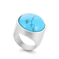 22mm wide silver stainless steel punk ring with a round turquoise stone and blue texture - Silver + Blue Turquoise (KR48288-K)