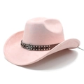 Detail of pink faux suede cowboy hat featuring brown leather band and vintage metal buckle - M (56-59cm) / Lotus root pink