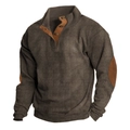 Men's tan ribbed knit sweater with stand collar and faux leather elbow patches - Coffee