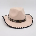 Pink western jazz hat with vintage bull head buckle and brown ethnic style band - Beige Black Trim