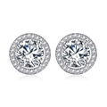 Elegant halo stud earrings with pink cubic zirconia in platinum plated copper finish - Round White Zirconia
