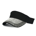 Detailed close-up of rhinestones and Greek Key pattern on black sun visor brim - Adjustable / Black