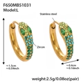 Detail showing gradient green zircon stones on 18k gold plated U-shaped stainless steel earrings - Gold/Green Zircon-L