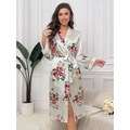Elegante bata de satén blanco con motivos de rosas rojas y cinturón para mujer - S / Multicolor 1
