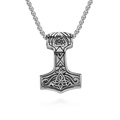 Silver Viking Thor's Hammer Mjolnir necklace in stainless steel with Valknut patterns - Steel Color Pendant With Chain