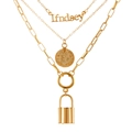 Three-layer gold necklace set with Lindsey nameplate coin and lock charm pendants - Gold - Lindsey Name Coin & Lock 3-Layer Necklace (S535)