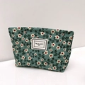 Green corduroy makeup bag with white floral pattern and beige label on front - Small / Green Small White Floral