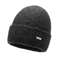 Dark gray chunky ribbed knit beanie with silver metal logo tag for men and women - One Size / Marl Grey
