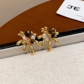 Vintage gold plated hoop earrings with faux tiger eye stones and pearls set - 54# Streamline Branch Gold Plated Pearl Earrings (925 Sterling Silver Earring Post)