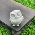 3.5cm natural white stone owl figurine carving on a dark wooden base with green grass - White Turquoise