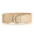 Detail of beige crocodile embossed leather and elastic belt with dark metal buckle - Apricot