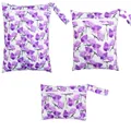 Three sizes of waterproof baby wet bags with purple floral patterns for diaper storage - BF116 Purple Flowers