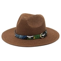 Classic brown straw fedora with colorful snake print band and golden buckle for sun protection - M (56-58cm) / Brown