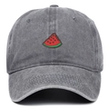 Macro detail of watermelon slice embroidery on grey washed denim baseball cap - One Size / Gray