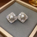 Vintage style butterfly earrings featuring grey pearls and clear crystals in silver setting - 925 Sterling Silver Earring Post - Grey Pearl Cross Rhinestone Studs