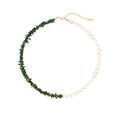 Elegant split-design necklace with green stone chips and white oval pearls in gold finish - Green (N2579-G)