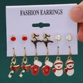 6-pair Christmas earring set with reindeer, snowman, and candy cane charms on a card - 15 Cane Gloves Snowman (6 Pairs Set)