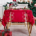 Red Christmas lace tablecloth with reindeer and bell patterns for festive round tables - Christmas Gift Box Tablecloth / 140*260cm