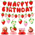 Strawberry birthday party decoration set with banner, toppers and honeycomb centerpieces - Strawberry Birthday Set Style B