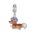 Halloween witch dachshund pendant in S925 sterling silver riding a magic broom charm - Magic Dachshund (SCC3183)