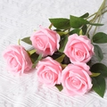 Artificial pink silk roses bouquet with five lifelike stems on white fabric background - Pink (Silk Version)