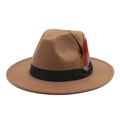 Detail of camel wool fedora hat featuring black ribbon and colorful natural feather trim - M (56-58cm) / Khaki