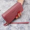Dusty rose embossed long wallet with double zipper and wrist strap for women - Deep Pink