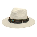 Detail of bohemian straw fedora hat featuring turquoise stone and colorful beadwork - Pure White