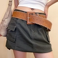 Ceinture large en cuir marron foncé rétro avec boucle carrée et surpiqûres blanches - 67# Boucle recouverte de cuir grand carré marron