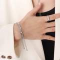 Silver adjustable bracelet with rectangular cubic zirconia and matching designer ring - Silver Bracelet (25cm) / Length 25cm/Adjustable / Silver