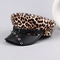 Leopard print flat top cap with black PU leather trim and metal rivet belt detail - M (56-58cm) / Khaki Leopard (Rivet Buckle)