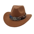 Detail of a brown felt cowboy hat featuring a USA metal wing emblem on leather band - Khaki
